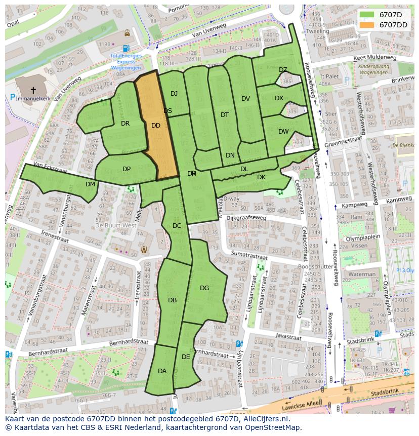 Afbeelding van het postcodegebied 6707 DD op de kaart.