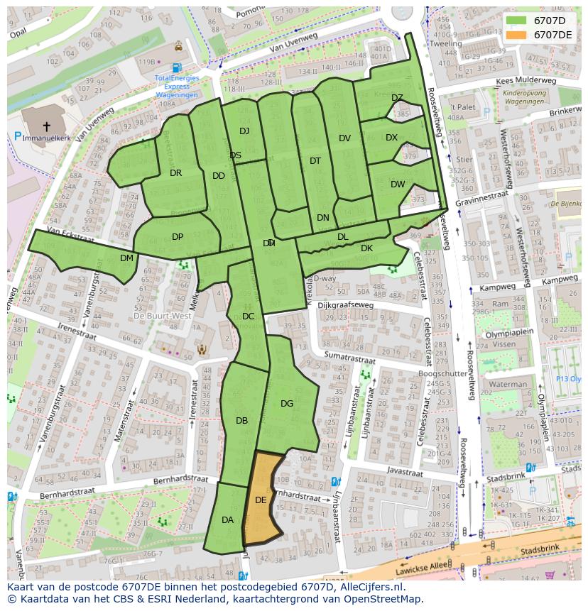 Afbeelding van het postcodegebied 6707 DE op de kaart.