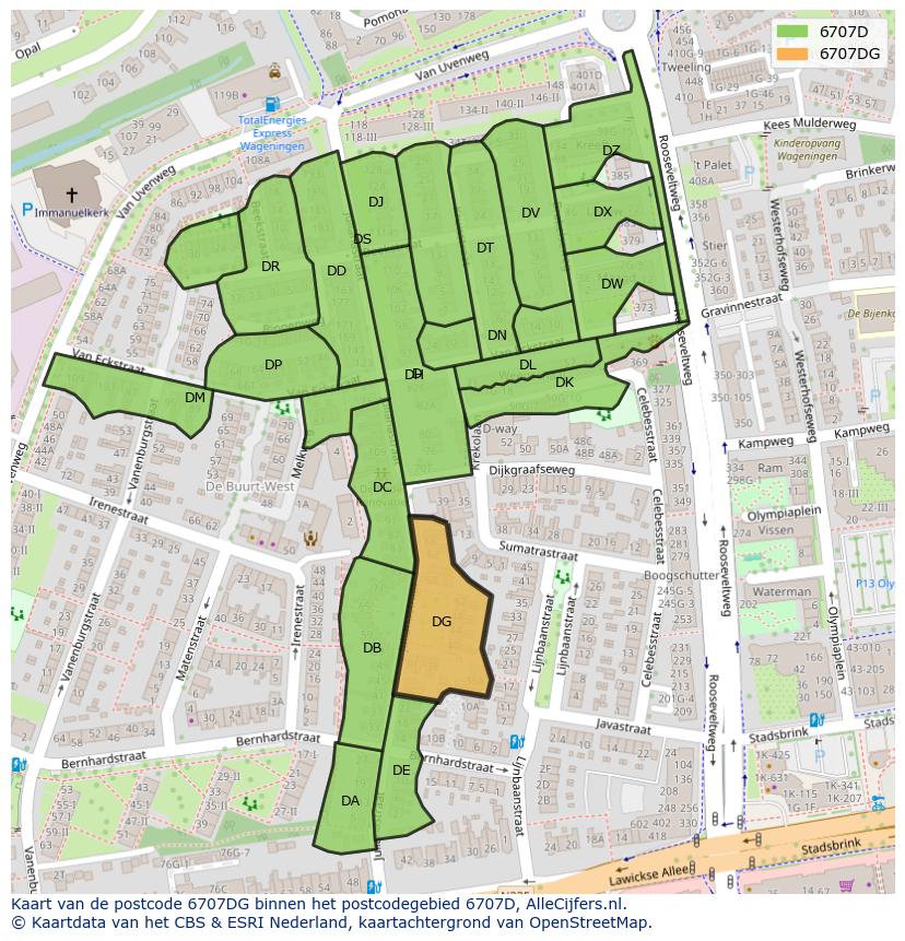 Afbeelding van het postcodegebied 6707 DG op de kaart.