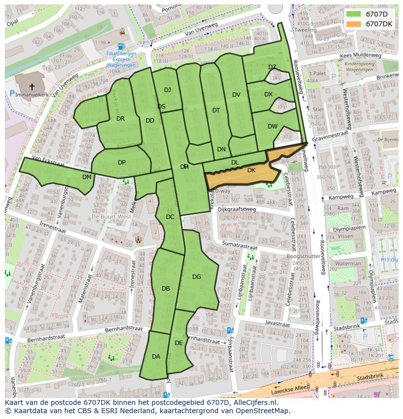 Afbeelding van het postcodegebied 6707 DK op de kaart.