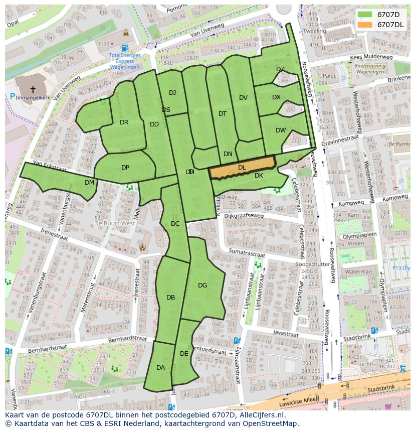 Afbeelding van het postcodegebied 6707 DL op de kaart.