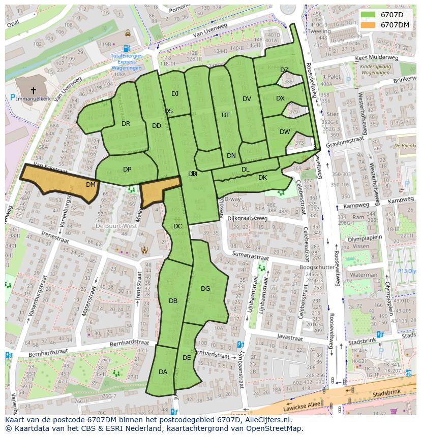 Afbeelding van het postcodegebied 6707 DM op de kaart.