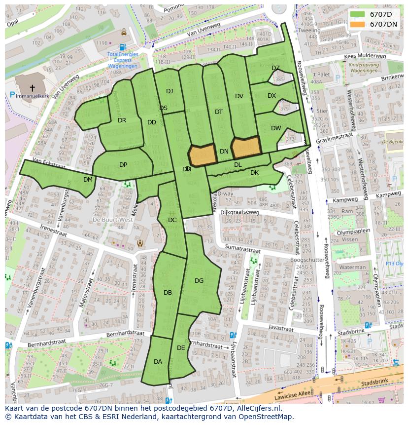 Afbeelding van het postcodegebied 6707 DN op de kaart.