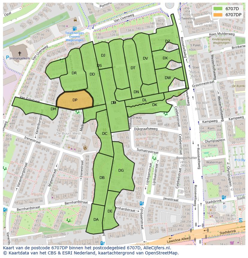 Afbeelding van het postcodegebied 6707 DP op de kaart.