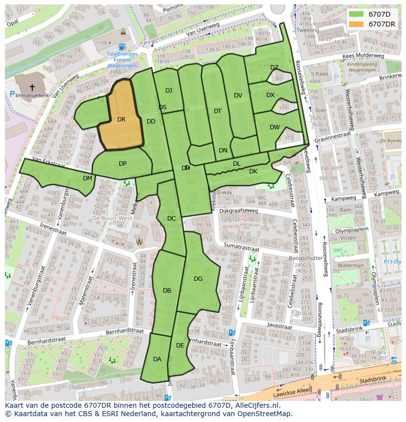 Afbeelding van het postcodegebied 6707 DR op de kaart.