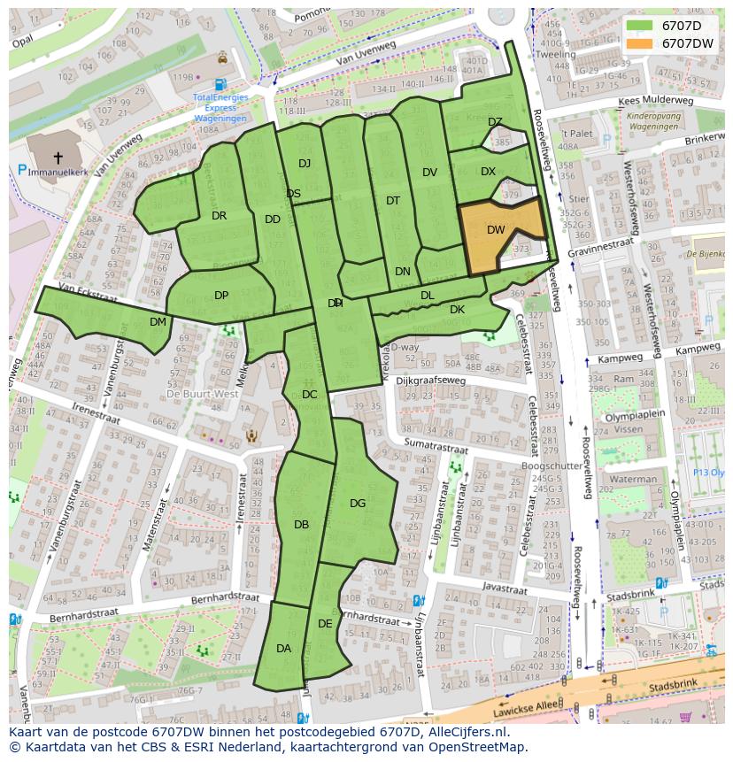Afbeelding van het postcodegebied 6707 DW op de kaart.