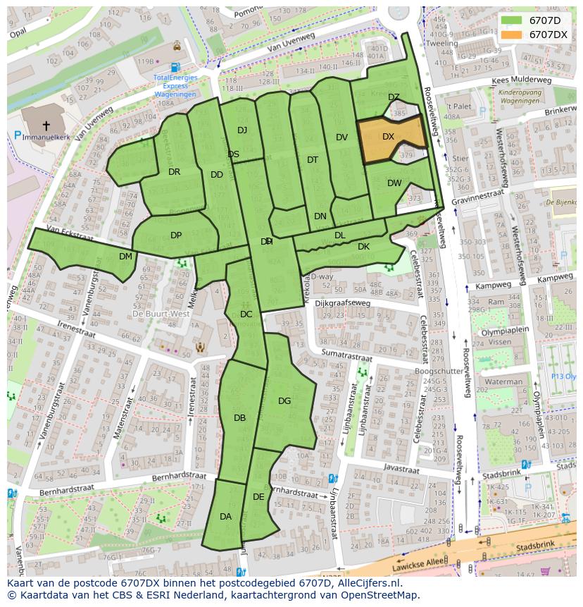 Afbeelding van het postcodegebied 6707 DX op de kaart.