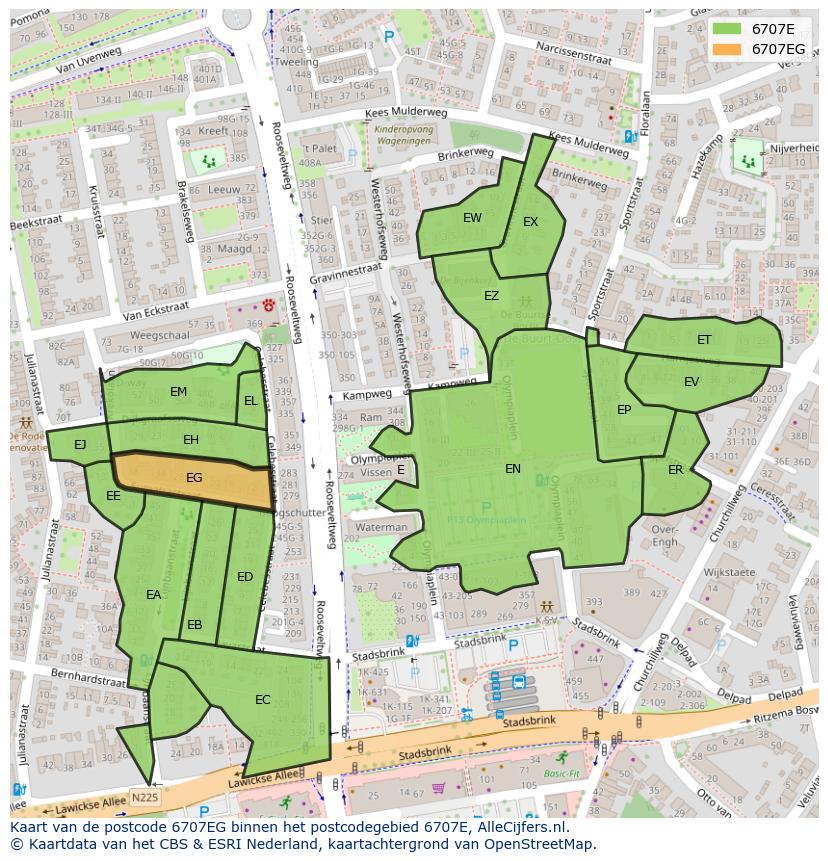 Afbeelding van het postcodegebied 6707 EG op de kaart.