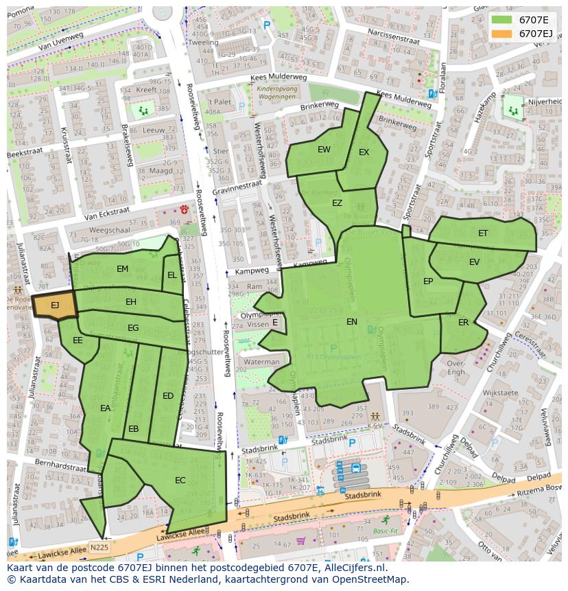 Afbeelding van het postcodegebied 6707 EJ op de kaart.