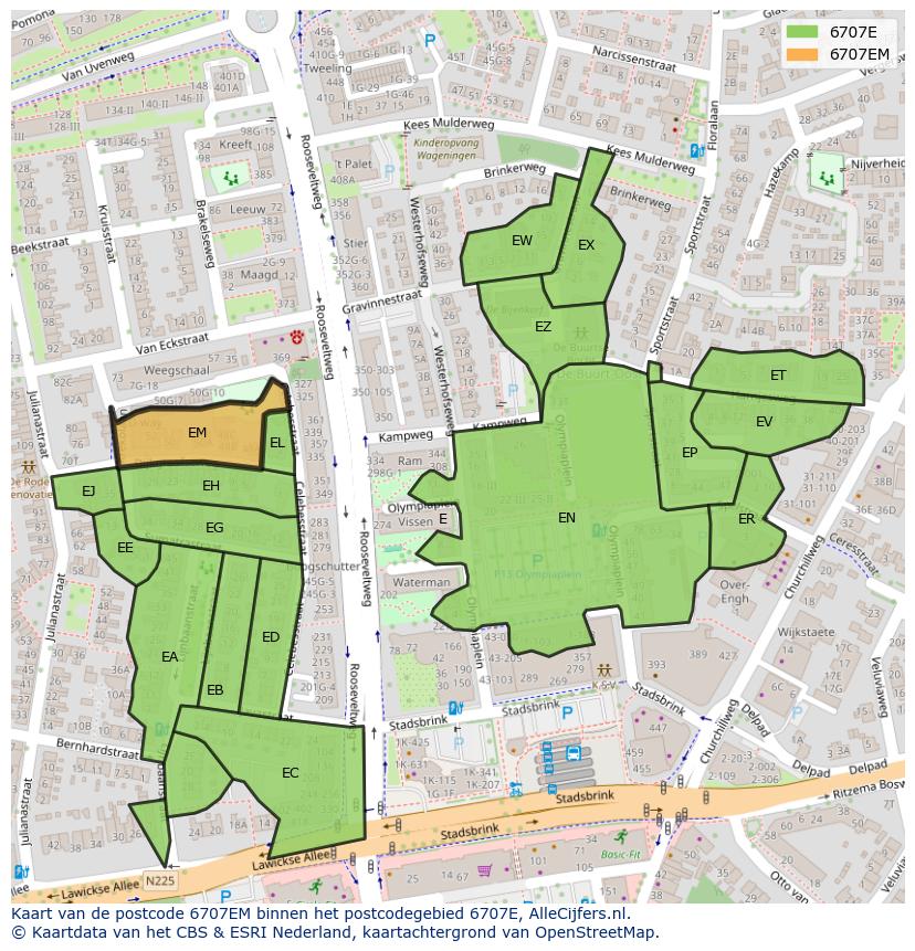 Afbeelding van het postcodegebied 6707 EM op de kaart.