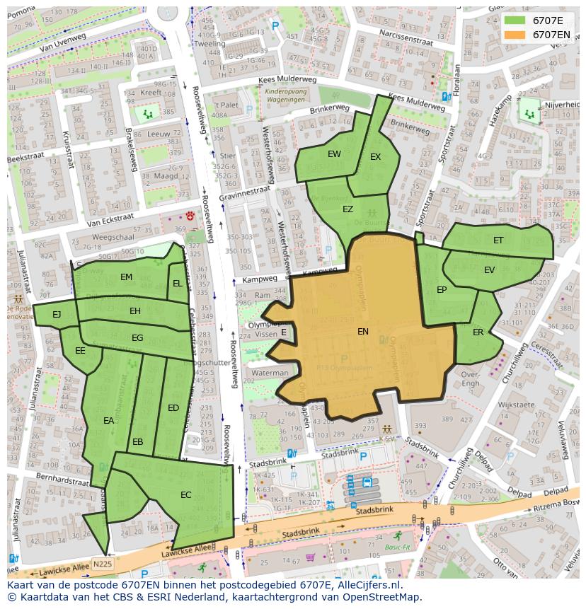 Afbeelding van het postcodegebied 6707 EN op de kaart.