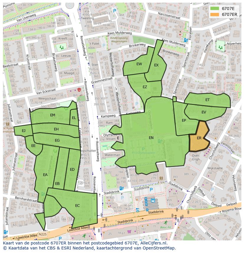 Afbeelding van het postcodegebied 6707 ER op de kaart.