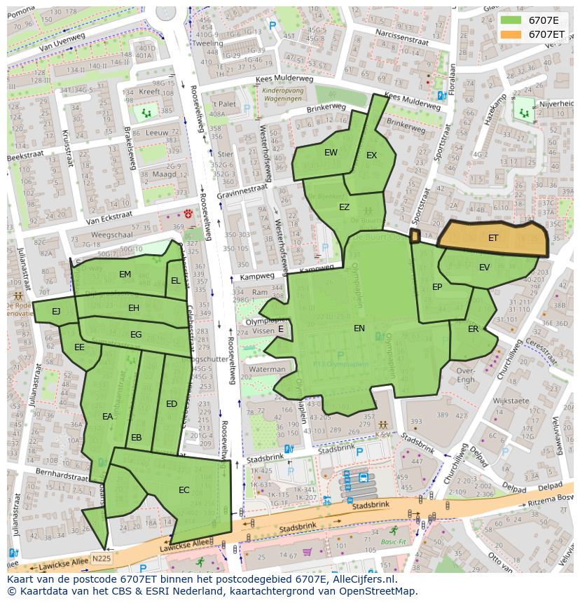 Afbeelding van het postcodegebied 6707 ET op de kaart.