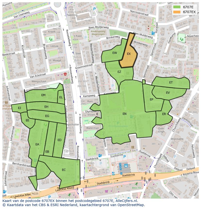 Afbeelding van het postcodegebied 6707 EX op de kaart.