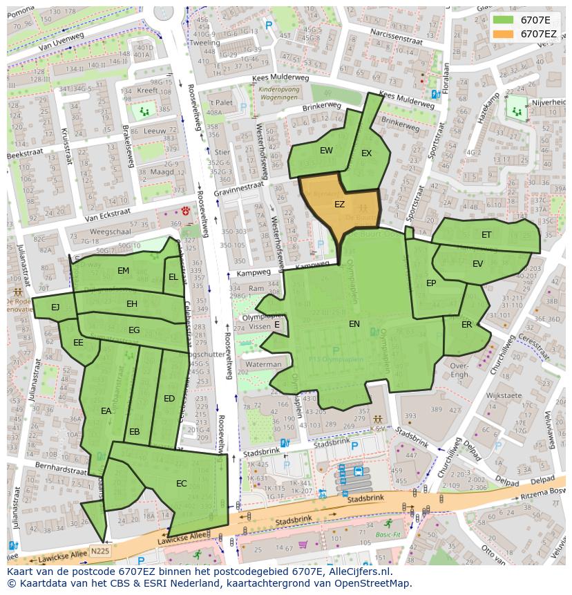 Afbeelding van het postcodegebied 6707 EZ op de kaart.