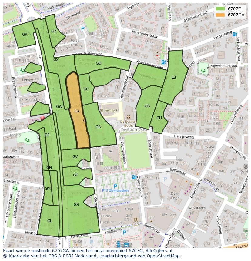 Afbeelding van het postcodegebied 6707 GA op de kaart.
