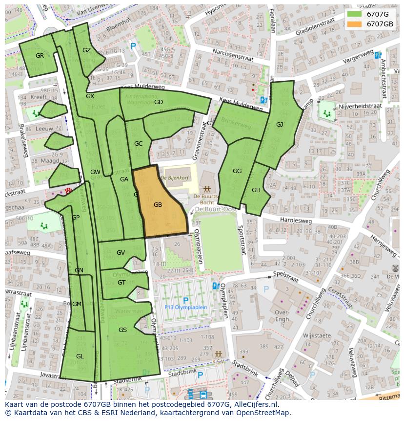 Afbeelding van het postcodegebied 6707 GB op de kaart.