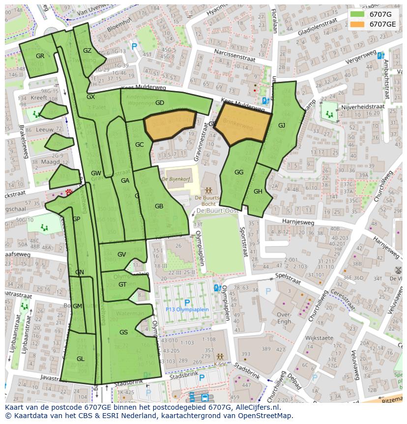Afbeelding van het postcodegebied 6707 GE op de kaart.
