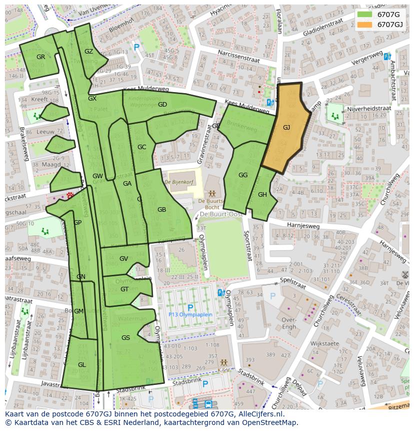 Afbeelding van het postcodegebied 6707 GJ op de kaart.