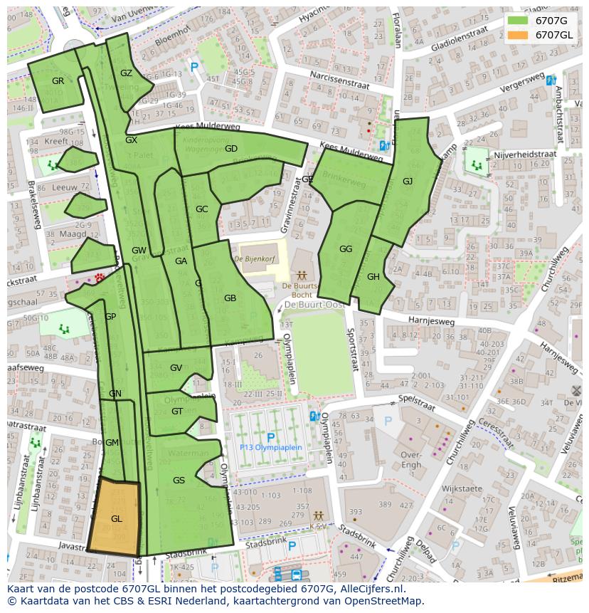 Afbeelding van het postcodegebied 6707 GL op de kaart.
