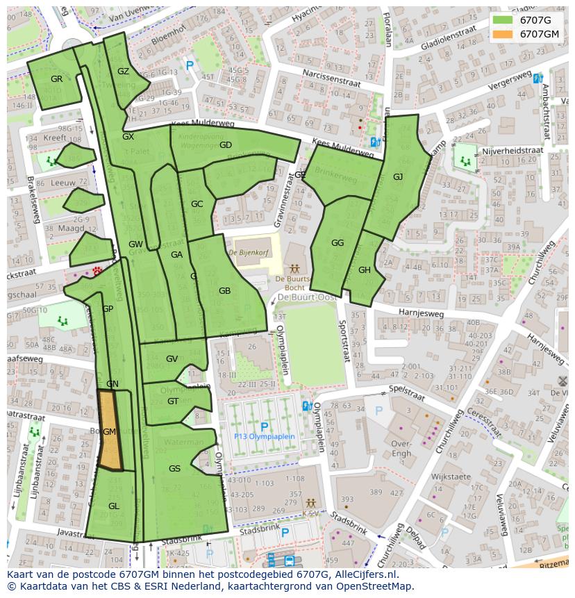 Afbeelding van het postcodegebied 6707 GM op de kaart.