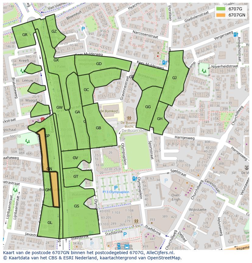 Afbeelding van het postcodegebied 6707 GN op de kaart.
