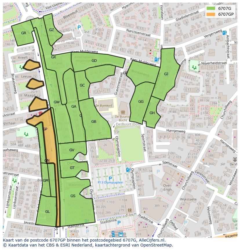 Afbeelding van het postcodegebied 6707 GP op de kaart.