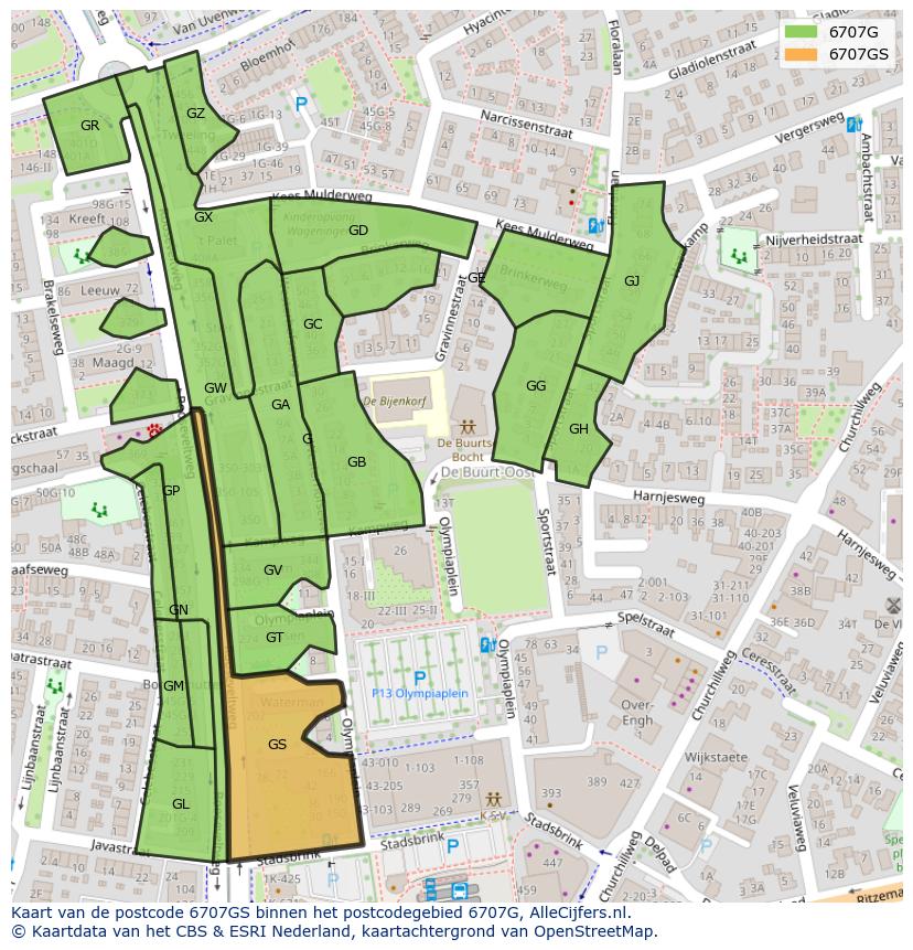 Afbeelding van het postcodegebied 6707 GS op de kaart.