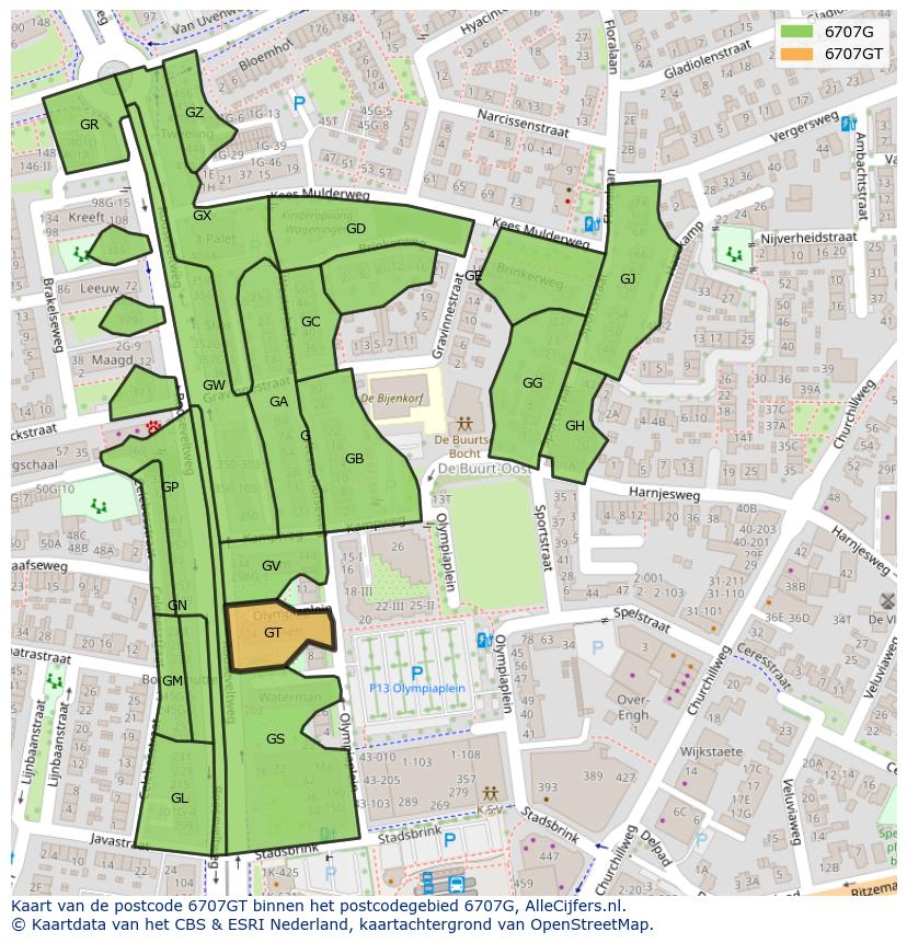 Afbeelding van het postcodegebied 6707 GT op de kaart.