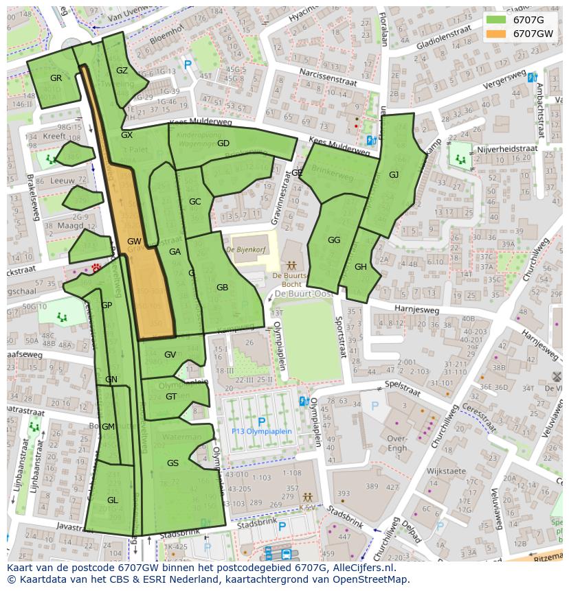 Afbeelding van het postcodegebied 6707 GW op de kaart.