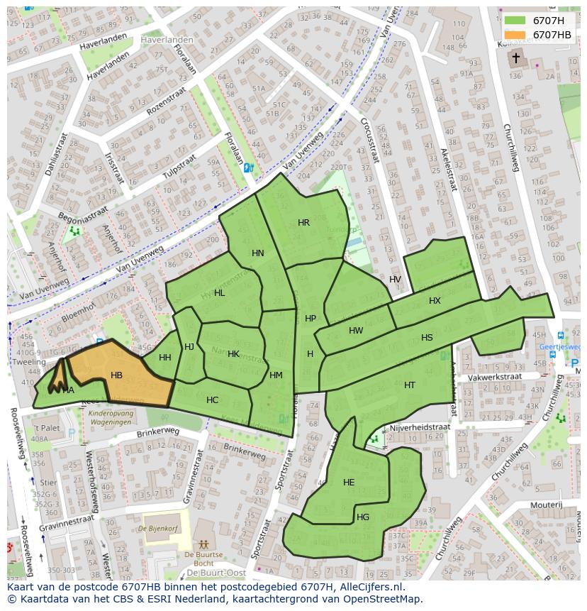 Afbeelding van het postcodegebied 6707 HB op de kaart.