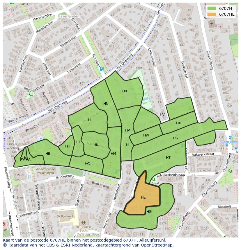 Afbeelding van het postcodegebied 6707 HE op de kaart.