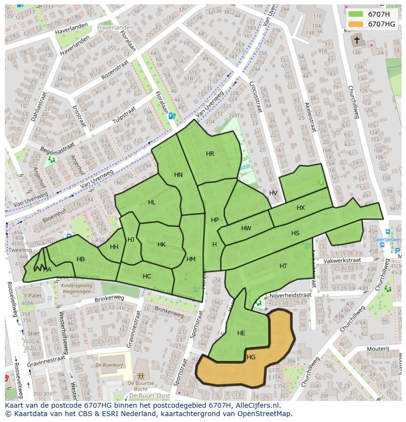 Afbeelding van het postcodegebied 6707 HG op de kaart.