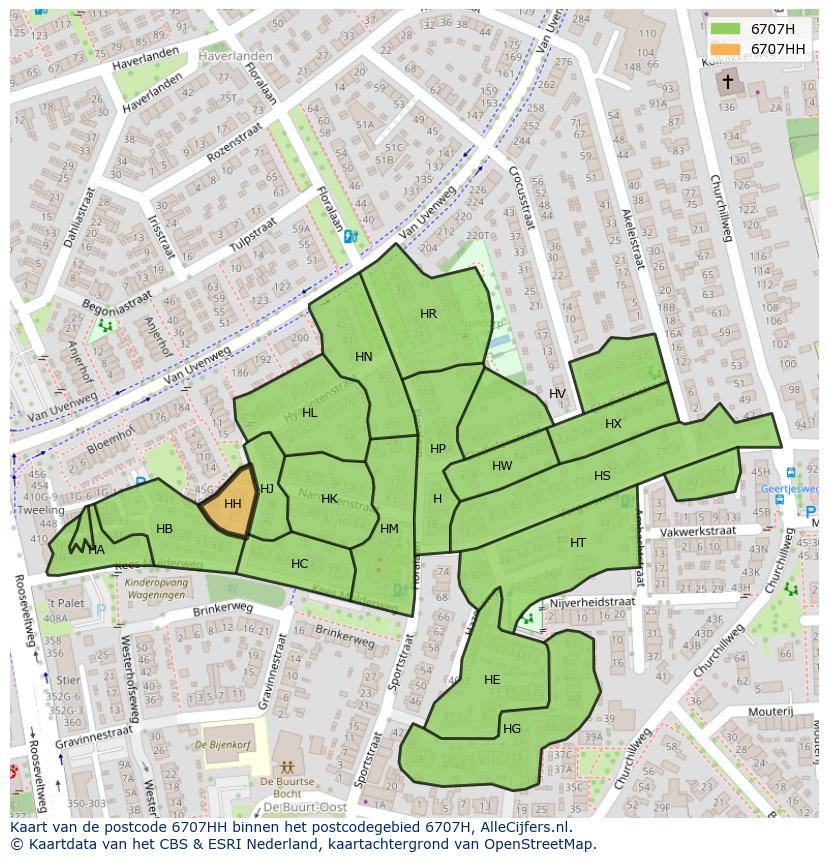Afbeelding van het postcodegebied 6707 HH op de kaart.
