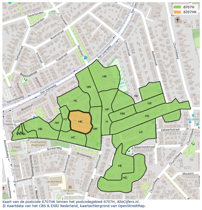 Afbeelding van het postcodegebied 6707 HK op de kaart.