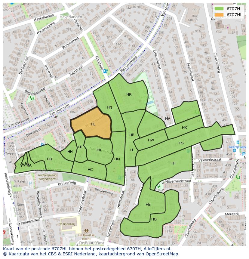 Afbeelding van het postcodegebied 6707 HL op de kaart.