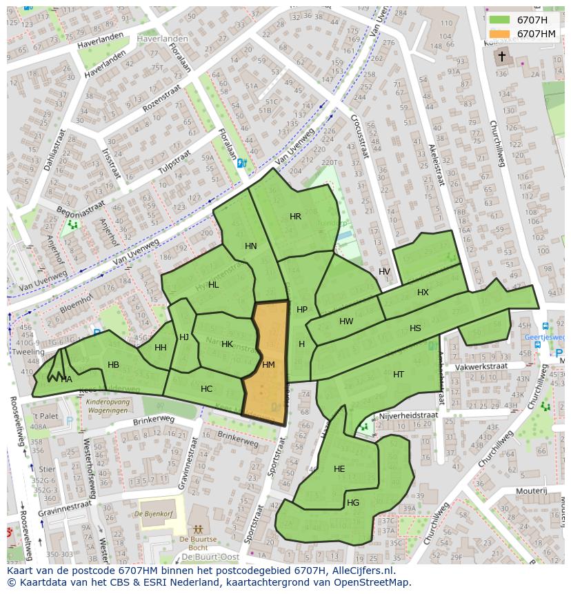 Afbeelding van het postcodegebied 6707 HM op de kaart.