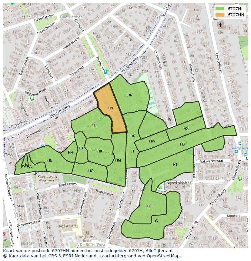 Afbeelding van het postcodegebied 6707 HN op de kaart.