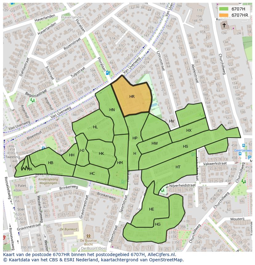 Afbeelding van het postcodegebied 6707 HR op de kaart.
