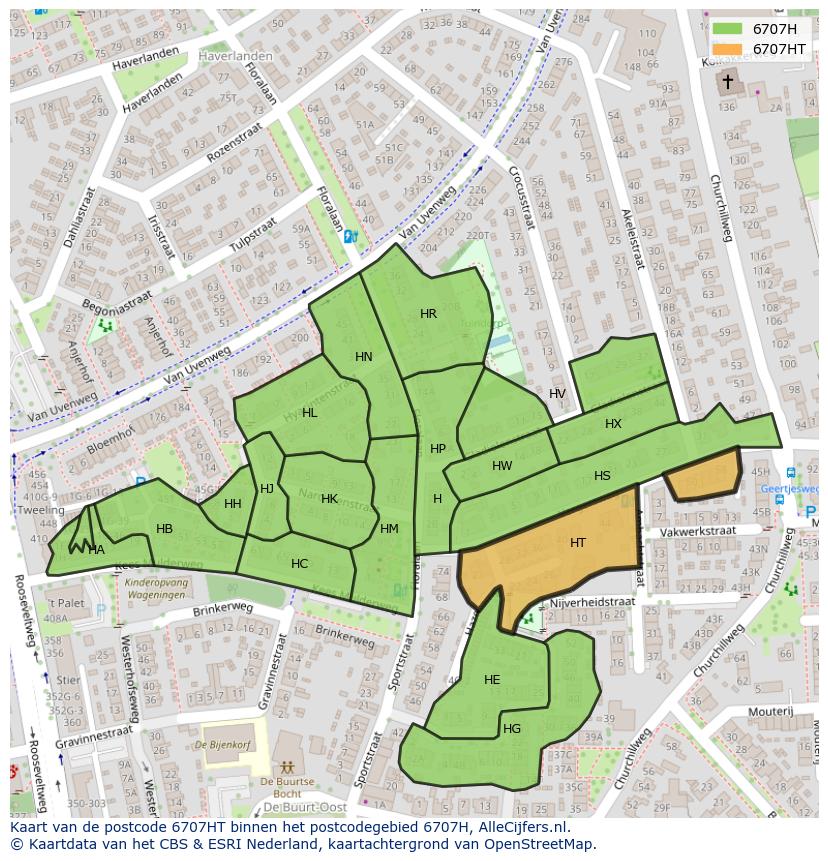 Afbeelding van het postcodegebied 6707 HT op de kaart.