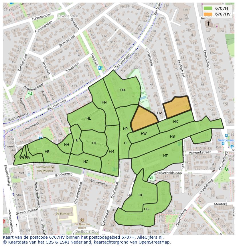 Afbeelding van het postcodegebied 6707 HV op de kaart.