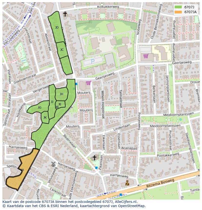 Afbeelding van het postcodegebied 6707 JA op de kaart.
