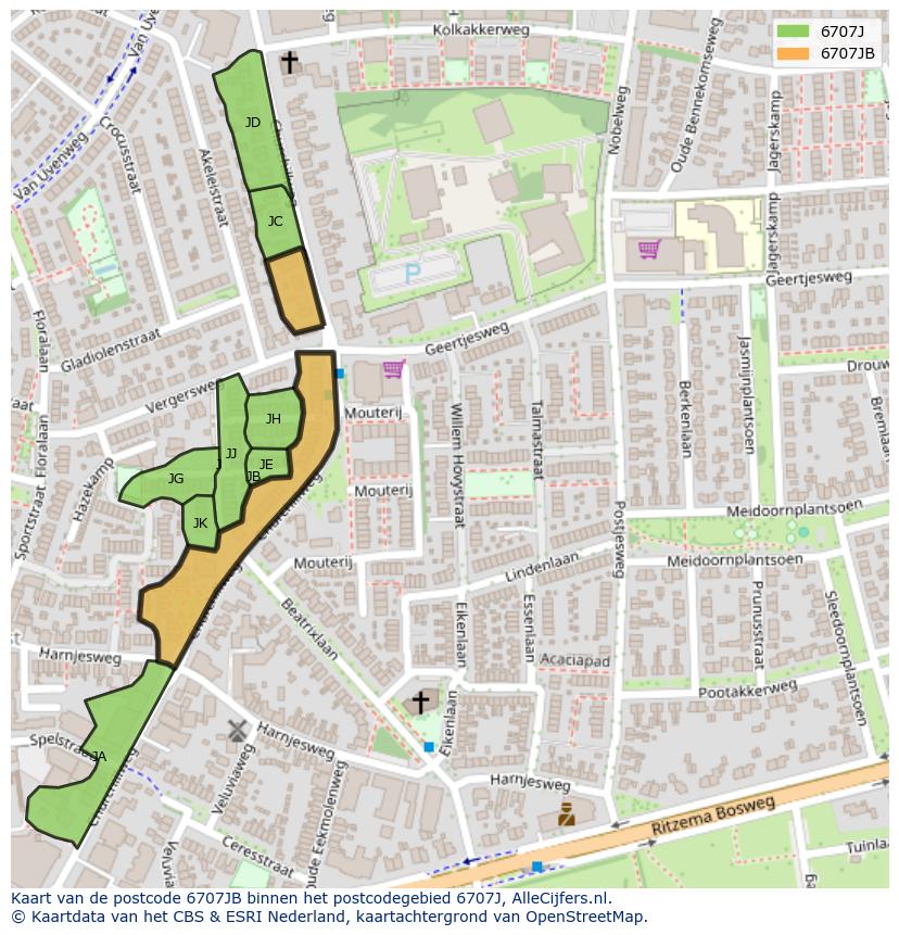 Afbeelding van het postcodegebied 6707 JB op de kaart.