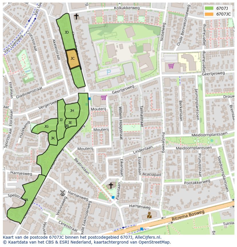 Afbeelding van het postcodegebied 6707 JC op de kaart.