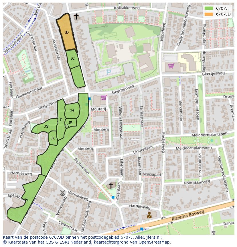 Afbeelding van het postcodegebied 6707 JD op de kaart.