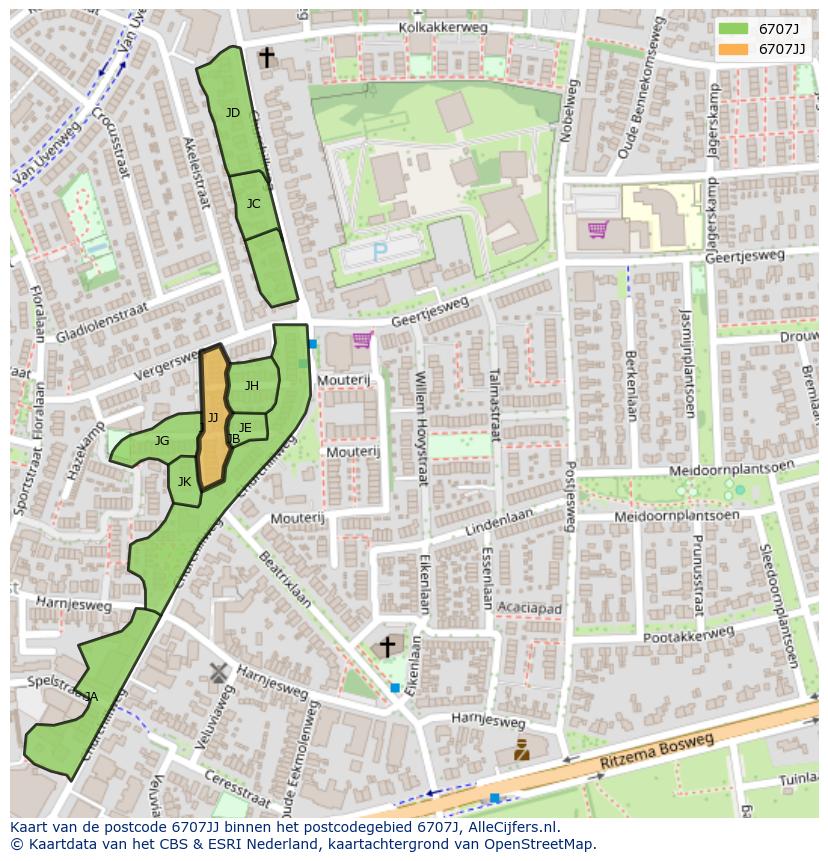 Afbeelding van het postcodegebied 6707 JJ op de kaart.
