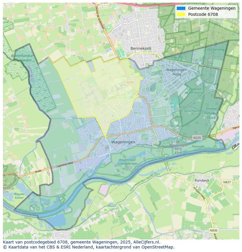 Afbeelding van het postcodegebied 6708 op de kaart.