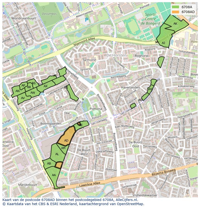 Afbeelding van het postcodegebied 6708 AD op de kaart.