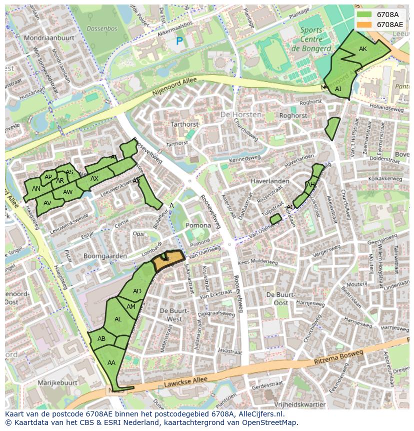 Afbeelding van het postcodegebied 6708 AE op de kaart.