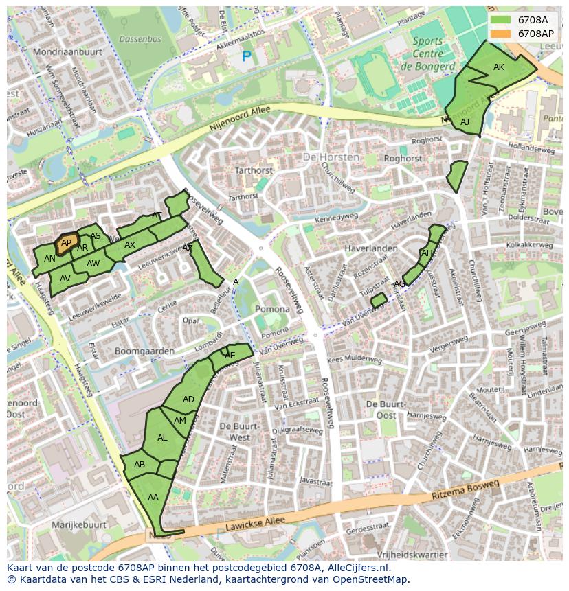 Afbeelding van het postcodegebied 6708 AP op de kaart.